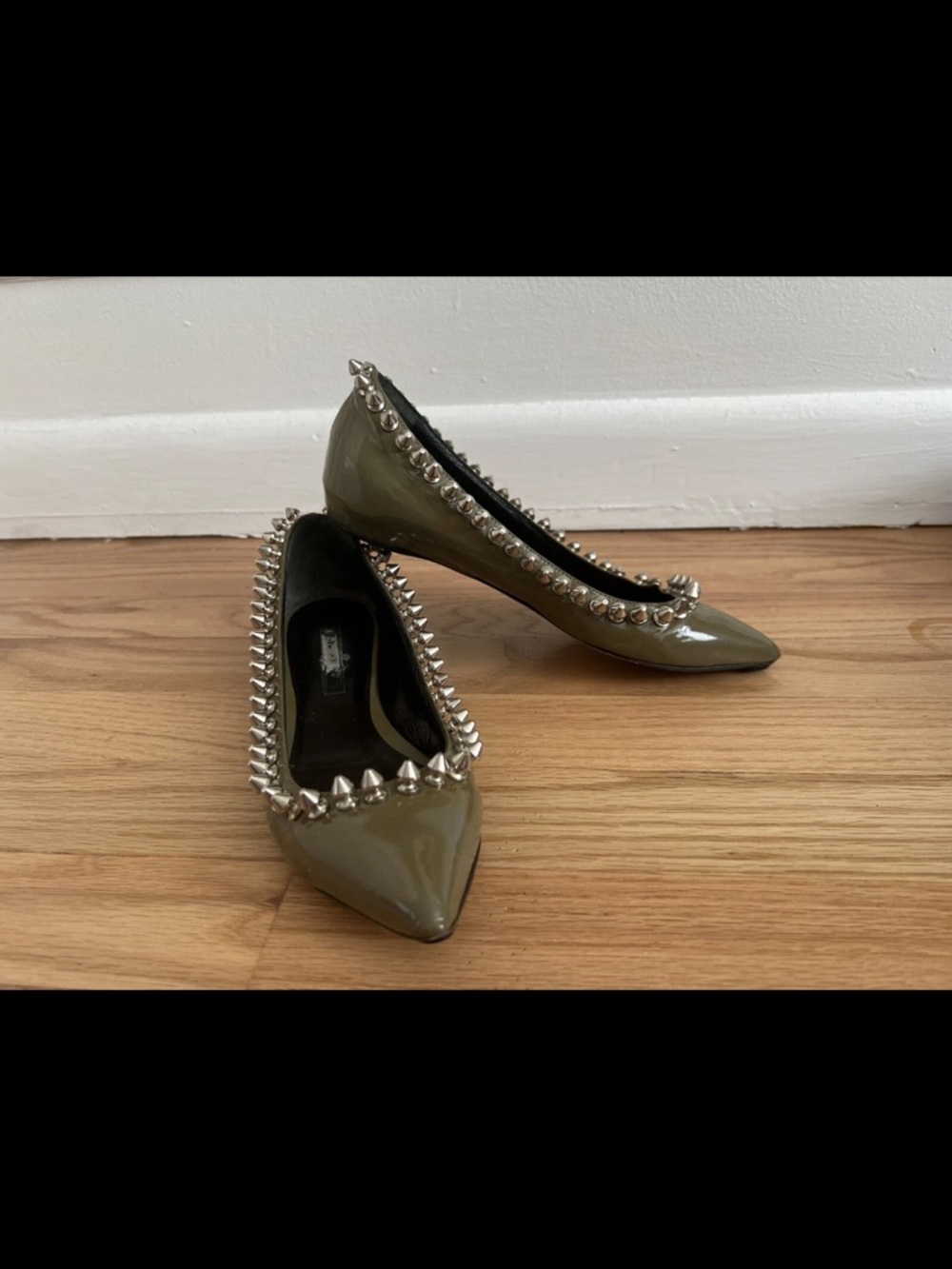 Ruthie Davis Olive Patent Pointed Flats with Silver Spike Trim